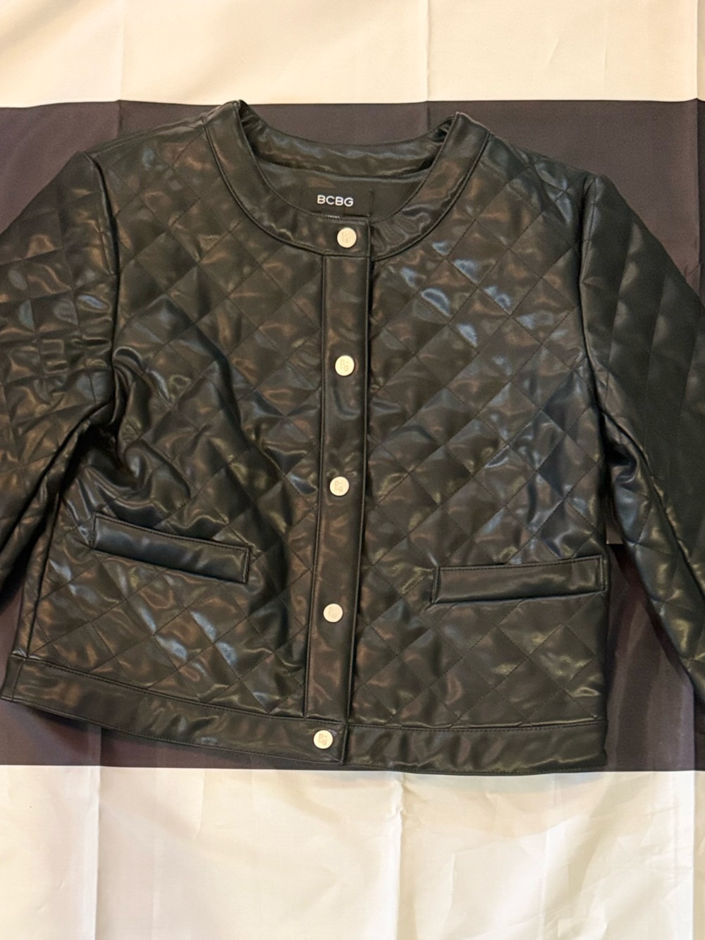 BCBG Black Quilted Faux Leather Snap-Front Bomber